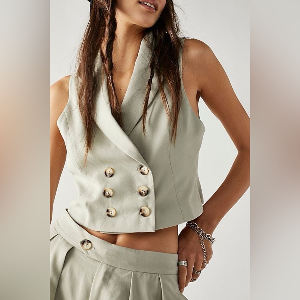 NWOT Free People Gabbie Double Button Up Collared Vest Sage Green Sz 8